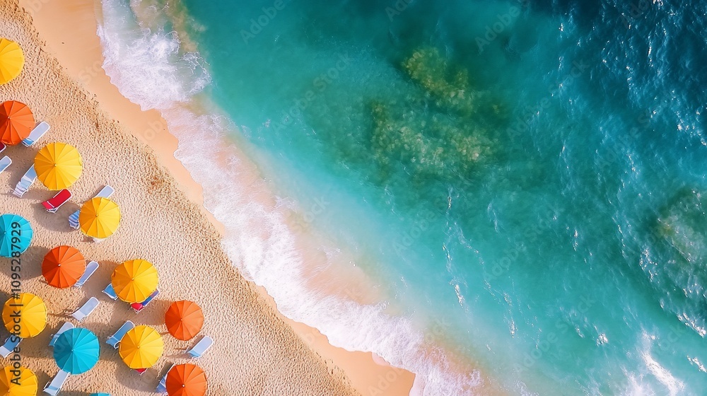 Obraz premium Aerial view of colorful beach umbrellas and lounge chairs on a sandy beach next to turquoise ocean waves.