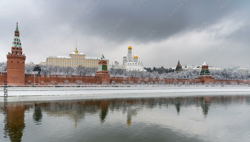 Obraz premium 눈 덮인 모스크바의 크렘린 성벽