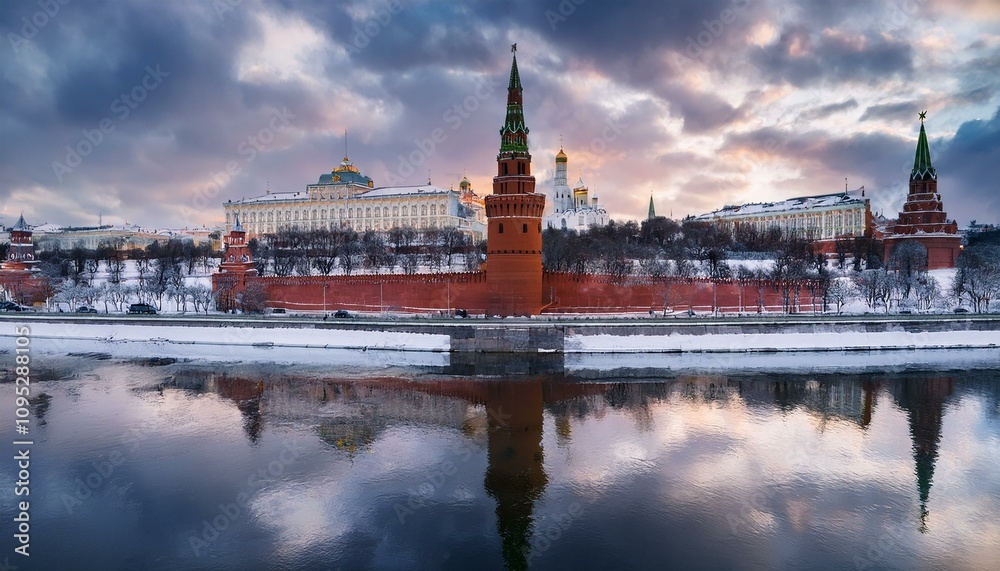 Obraz premium 눈 덮인 모스크바의 크렘린 성벽
