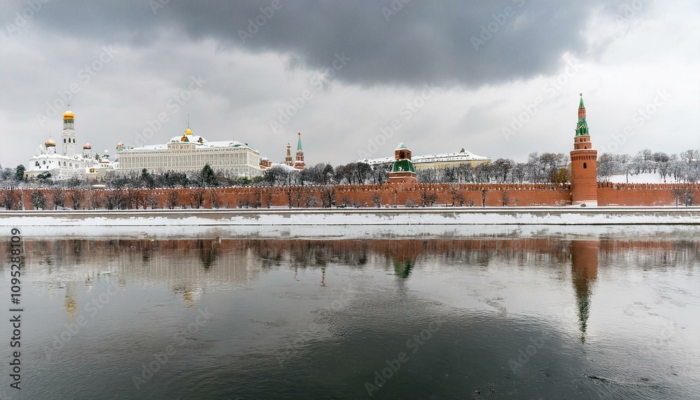Obraz premium 눈 덮인 모스크바의 크렘린 성벽