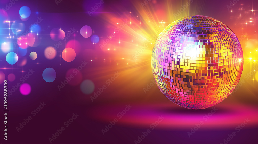 Colorful disco ball with vibrant light reflections and bokeh effects creating a lively party atmosphere Colorful disco ball with vibrant light reflections and bokeh effects creating a lively party atmosphere