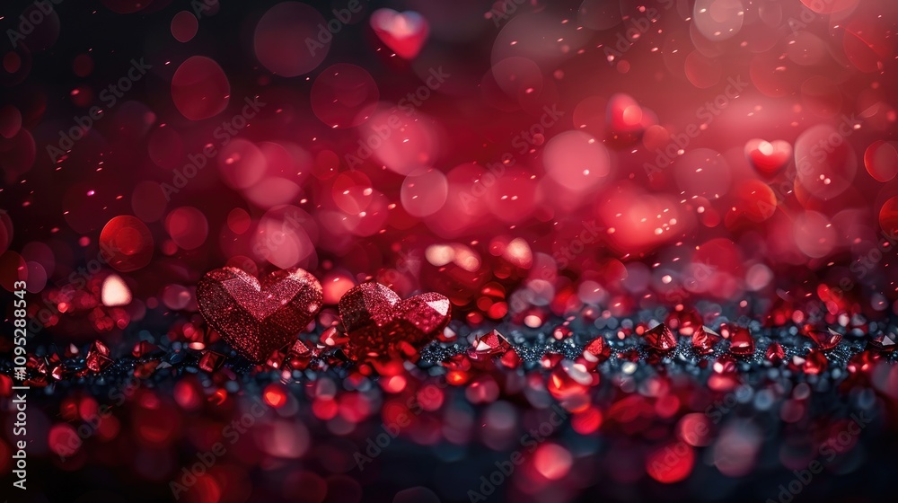 Festive red background for happy Valentine's Day, with red hearts and blurry sparkling particles. Concept of love, romance, celebration. Copyspace for congratulation card, design, ad, promo Festive red background for happy Valentine's Day, with red hearts and blurry sparkling particles. Concept of love, romance, celebration. Copyspace for congratulation card, design, ad, promo