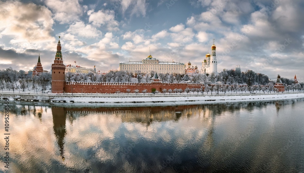 Obraz premium 눈 덮인 모스크바의 크렘린 성벽