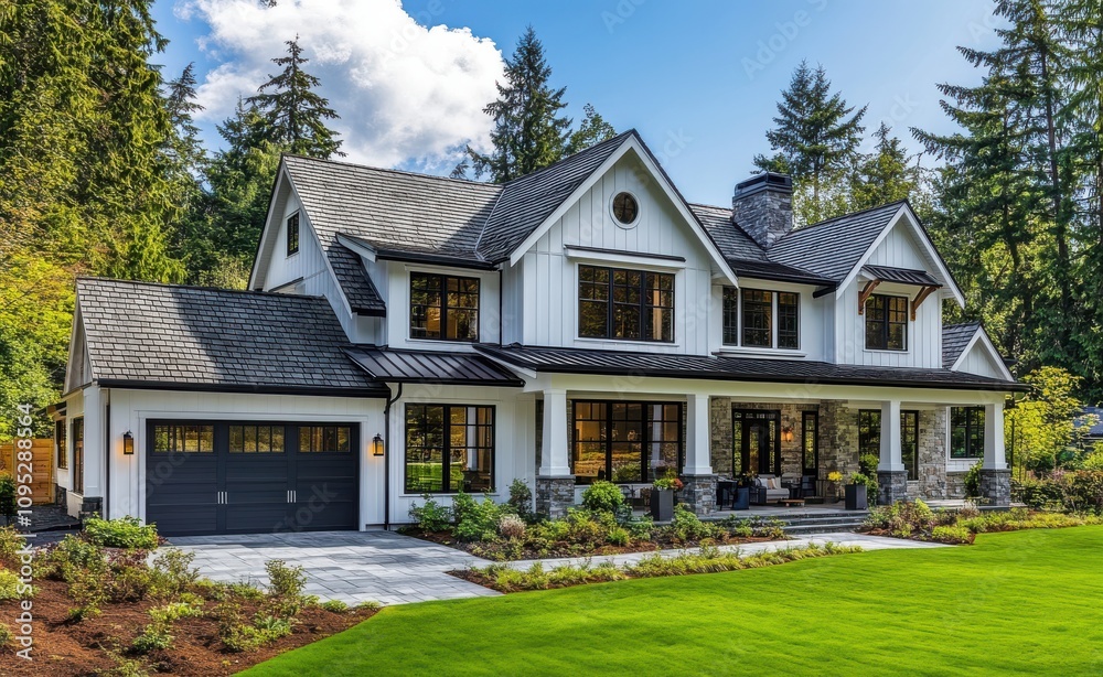 Stunning Modern Home Surrounded by Lush Greenery and Trees in Bright Daylight, Featuring Elegant Architectural Design and Beautiful Landscaping Stunning Modern Home Surrounded by Lush Greenery and Trees in Bright Daylight, Featuring Elegant Architectural Design and Beautiful Landscaping