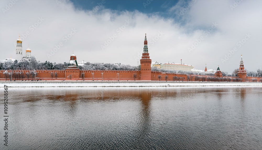 Fototapeta premium 눈 덮인 모스크바의 크렘린 성벽