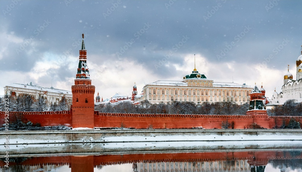 Fototapeta premium 눈 덮인 모스크바의 크렘린 성벽