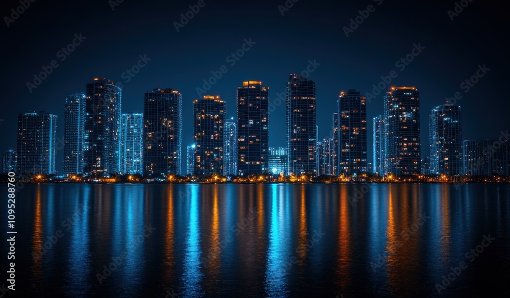 Fototapeta premium Stunning Night View of Urban Skyline with Reflections on Water, Showcasing Tall Buildings and Vibrant City Lights in a Modern Atmosphere
