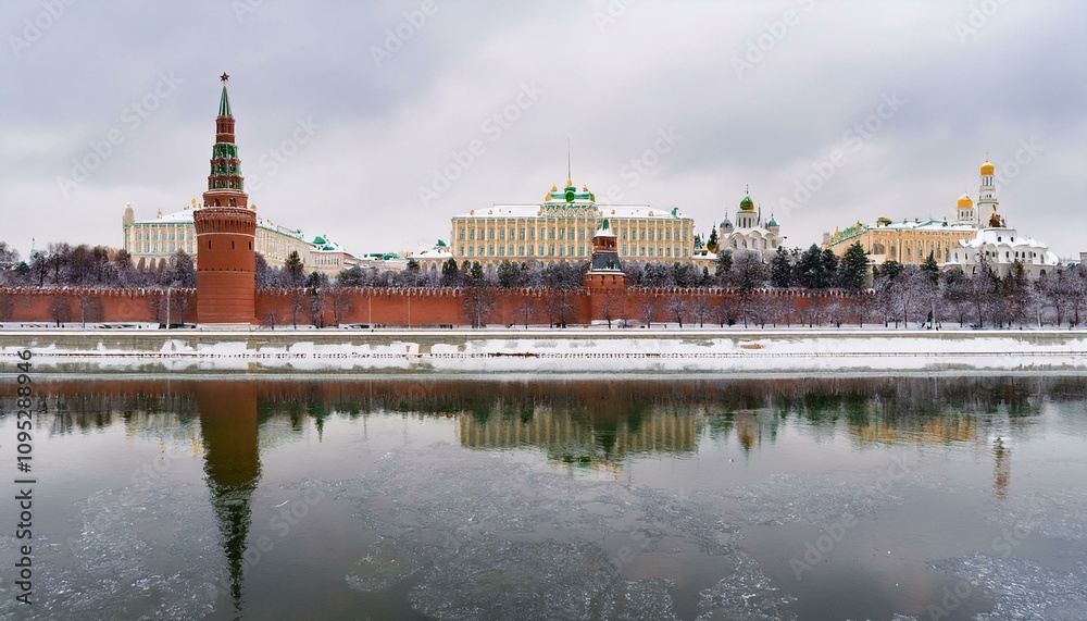 Obraz premium 눈 덮인 모스크바의 크렘린 성벽