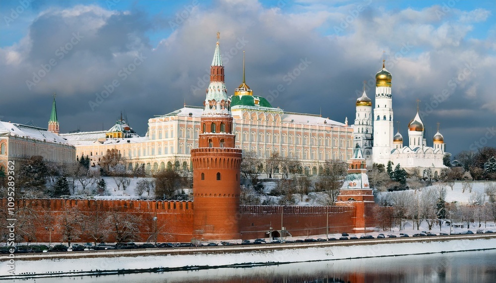 Obraz premium 눈 덮인 모스크바의 크렘린 성벽 