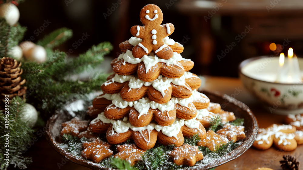 Gingerbread cookies stacked like a tree on a wooden table with decorative icing. Concept of festive, homemade holiday baking. For Christmas dessert ideas Gingerbread cookies stacked like a tree on a wooden table with decorative icing. Concept of festive, homemade holiday baking. For Christmas dessert ideas