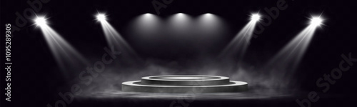 
Dark stage with spotlight beams shining on a circular podium surrounded by smoke and a dramatic atmosphere.
