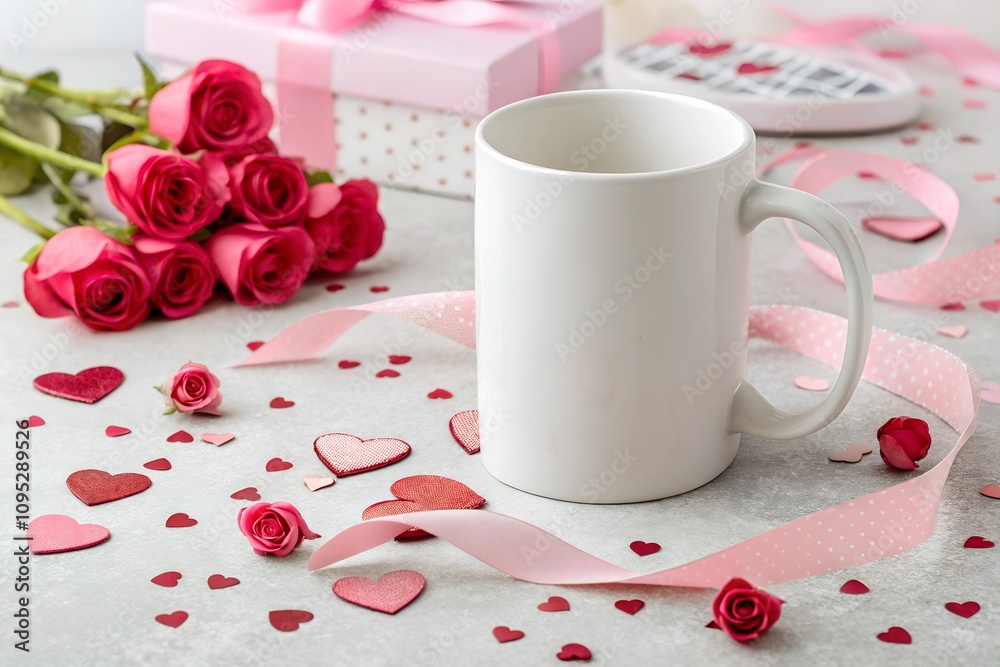 Valentine's Day mug mockup with a bouquet of red roses, heart-shaped decorations, pink ribbon, and a polka-dotted gift box. A romantic setup for festive designs or gift ideas. Valentine's Day mug mockup with a bouquet of red roses, heart-shaped decorations, pink ribbon, and a polka-dotted gift box. A romantic setup for festive designs or gift ideas.