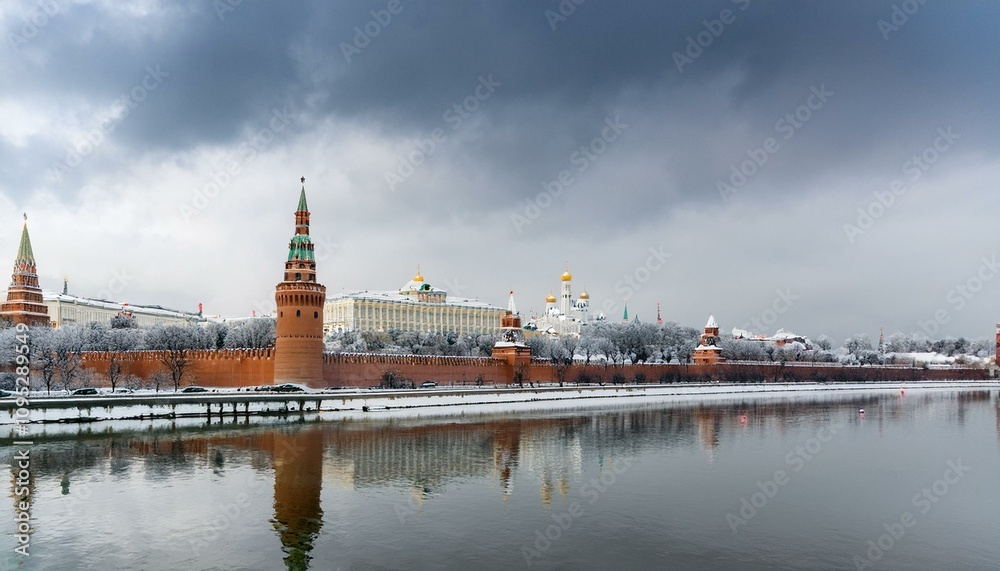 눈 덮인 모스크바의 크렘린 성벽
