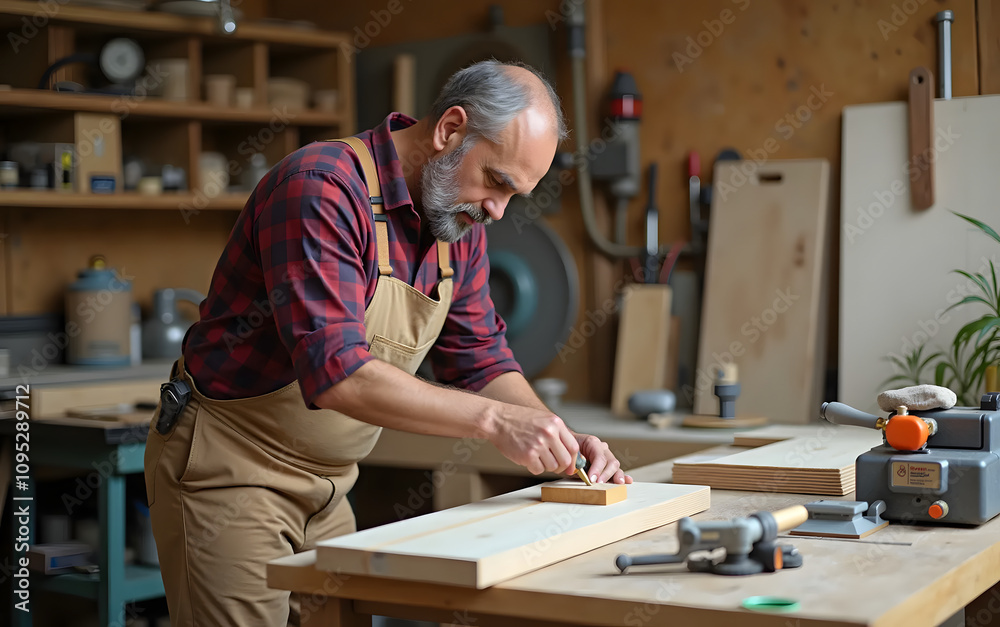 Carpenter working wood in a workshop, With many materials and tools around him. Carpenter working wood in a workshop, With many materials and tools around him.