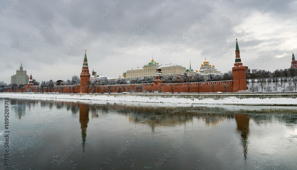 Obraz premium 눈 덮인 모스크바의 크렘린 성벽 