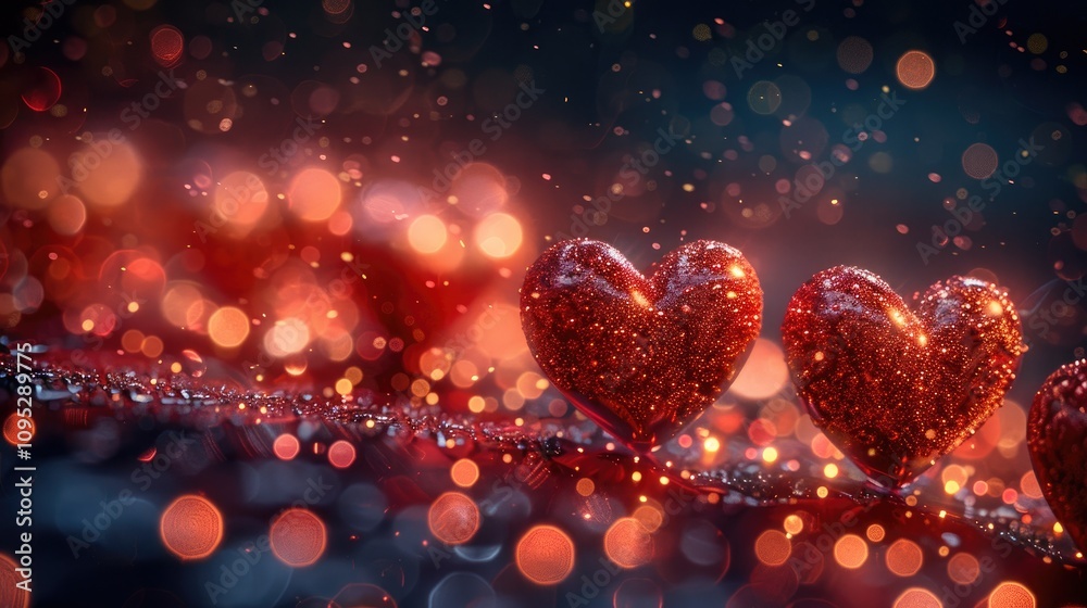 Festive background for happy Valentine's Day, with red hearts and sparkling particles on dark background. Concept of love, romance, celebration. Copyspace for congratulation card, design, ad, promo Festive background for happy Valentine's Day, with red hearts and sparkling particles on dark background. Concept of love, romance, celebration. Copyspace for congratulation card, design, ad, promo