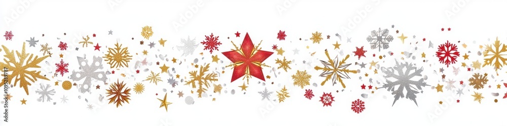 A simple illustration of Christmas stars and snowflakes in the shape of a long horizontal line, isolated on a white background, with red, gold, and silver colors Generative AI A simple illustration of Christmas stars and snowflakes in the shape of a long horizontal line, isolated on a white background, with red, gold, and silver colors Generative AI