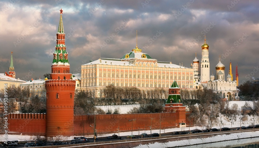 Obraz premium 눈 덮인 모스크바의 크렘린 성벽 
