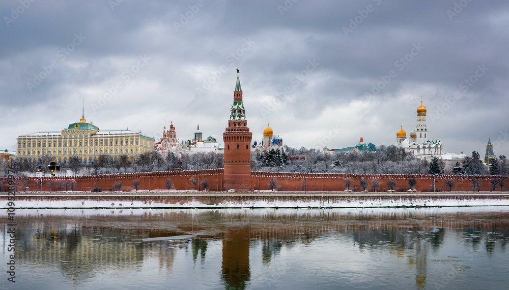 Obraz premium 눈 덮인 모스크바의 크렘린 성벽 
