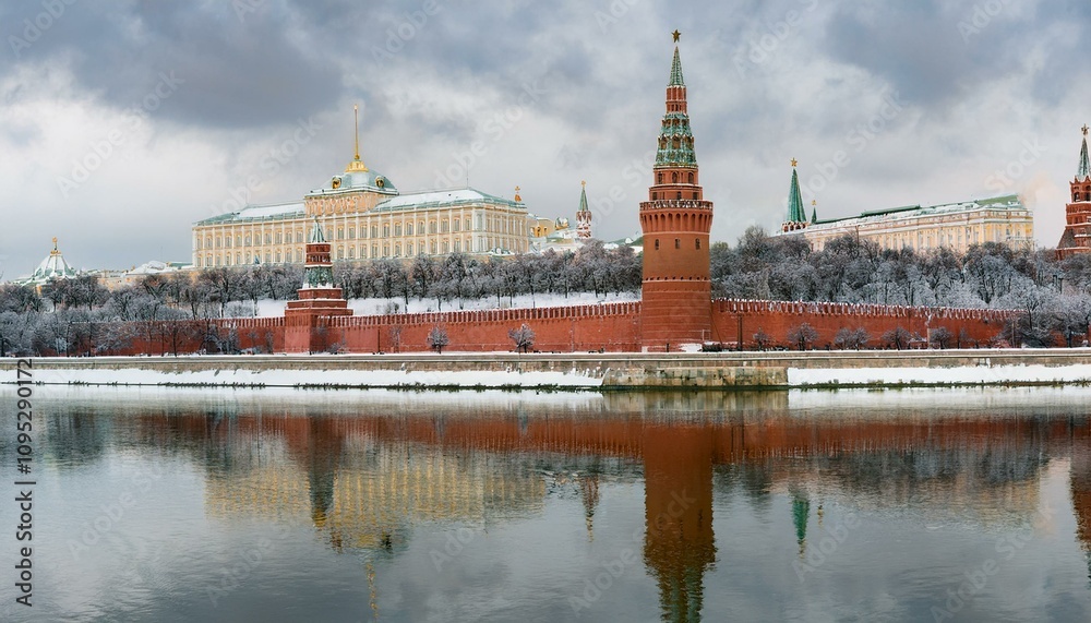 Obraz premium 눈 덮인 모스크바의 크렘린 성벽