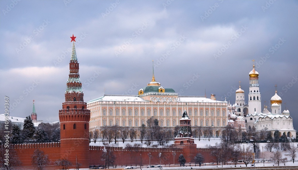 Obraz premium 눈 덮인 모스크바의 크렘린 성벽