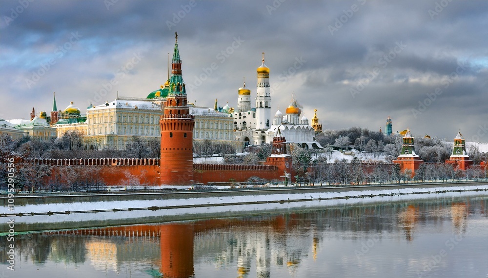 Obraz premium 눈 덮인 모스크바의 크렘린 성벽