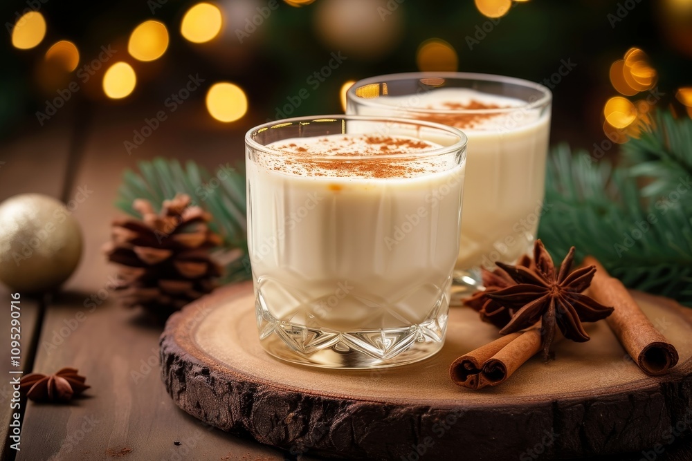 Homemade eggnog with cinnamon in glass on wooden table. Typical Christmas drink, Generative AI Homemade eggnog with cinnamon in glass on wooden table. Typical Christmas drink, Generative AI