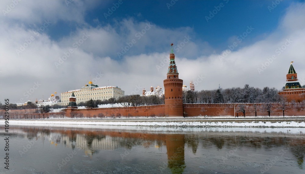 Obraz premium 눈 덮인 모스크바의 크렘린 성벽 