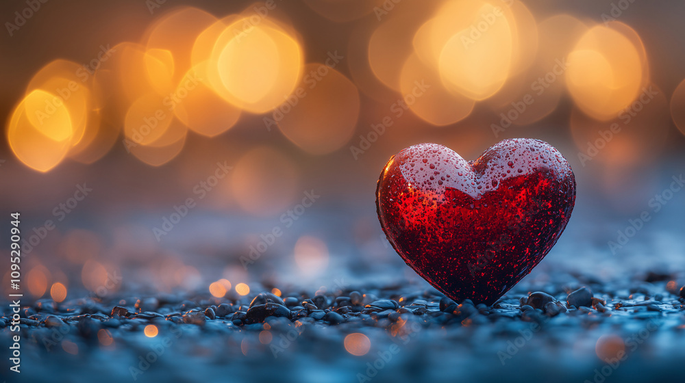 Romantic Red Heart on Pebbles Dew Drops Bokeh Lights Background Valentine's Day Romantic Red Heart on Pebbles Dew Drops Bokeh Lights Background Valentine's Day