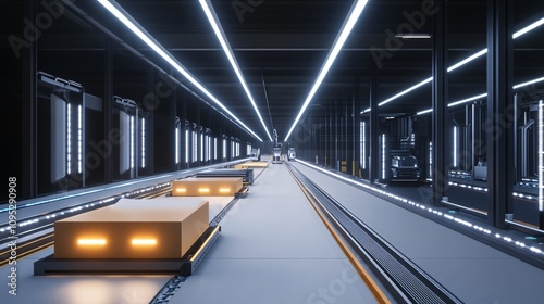 Futuristic 3D Automated Warehouse Management System with Robotic Vehicles in LED-lit Facility