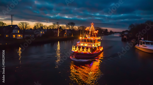 During the Patchogue Holiday Boat Parade, a boat decorated with Christmas lights and holiday characters, with various characters representing the day of Christmas photo