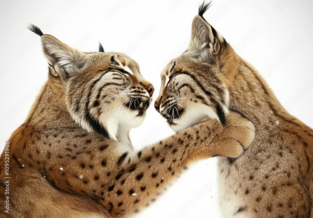 Obraz premium Two Lynx Interacting in Snowy Landscape, Captivating Wildlife Moment of Affection with Snowflakes Enhancing the Winter Scene