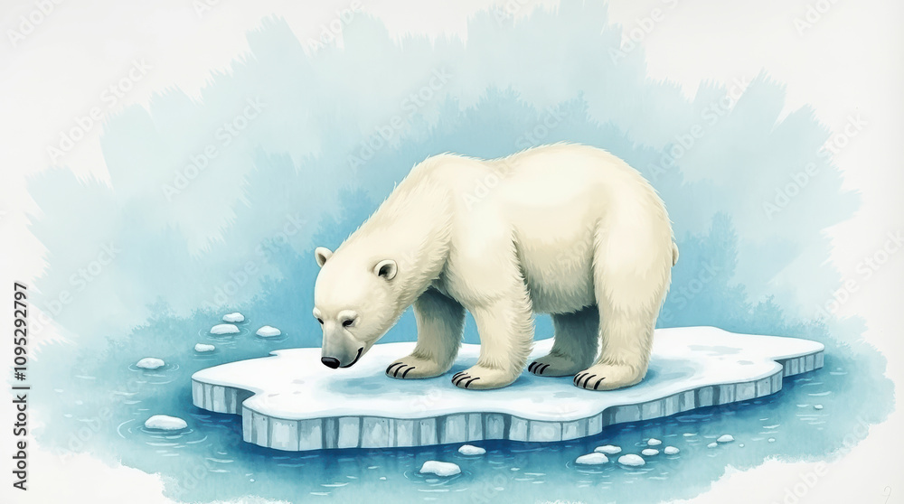 Polar Bear Stranded on Melting Ice Floe Highlighting Global Warming Effects