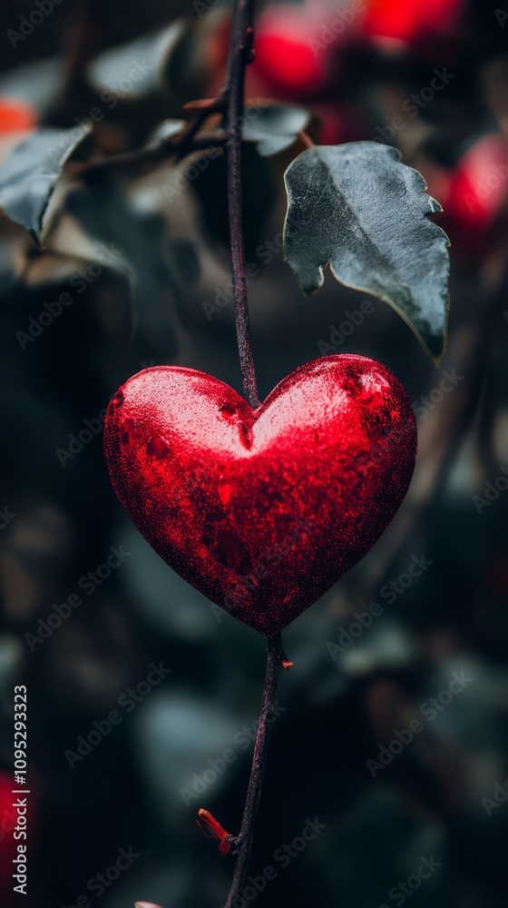 Heartfelt Love in Nature: A close-up shot of a vibrant red heart ornament hanging from a branch, surrounded by lush green leaves, evokes a sense of romance, affection, and connection with nature. Heartfelt Love in Nature: A close-up shot of a vibrant red heart ornament hanging from a branch, surrounded by lush green leaves, evokes a sense of romance, affection, and connection with nature.