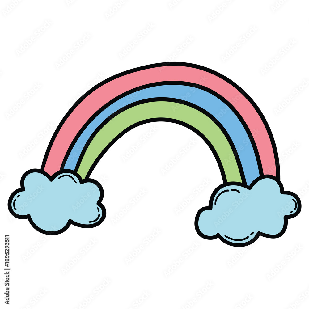 Hand drawn cartoon rainbow and clouds on white background. Hand drawn cartoon rainbow and clouds on white background.