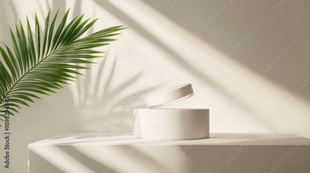 Close up of Abstract white podium or pedestal, round platform with palm leaf shadow on cream background. Ai generated image Close up of Abstract white podium or pedestal, round platform with palm leaf shadow on cream background. Ai generated image