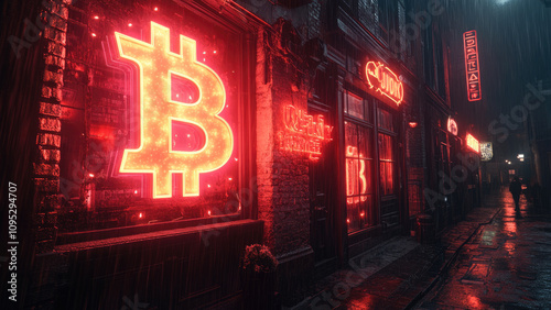 Neon Bitcoin Sign on Rainy Street with Urban Vibes photo