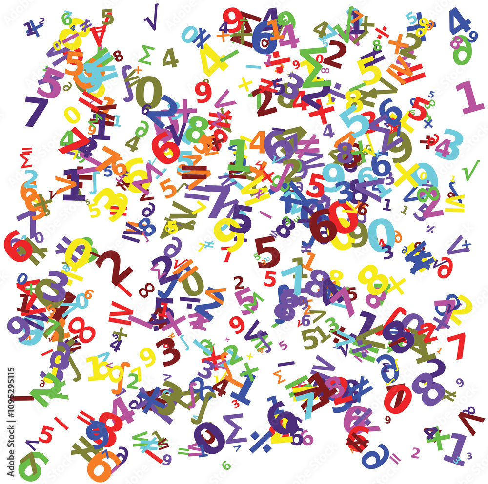 colorful numbers and mathematical symbols randomly placed on a white background, ideal as a concept of mathematics, calculation, and school colorful numbers and mathematical symbols randomly placed on a white background, ideal as a concept of mathematics, calculation, and school