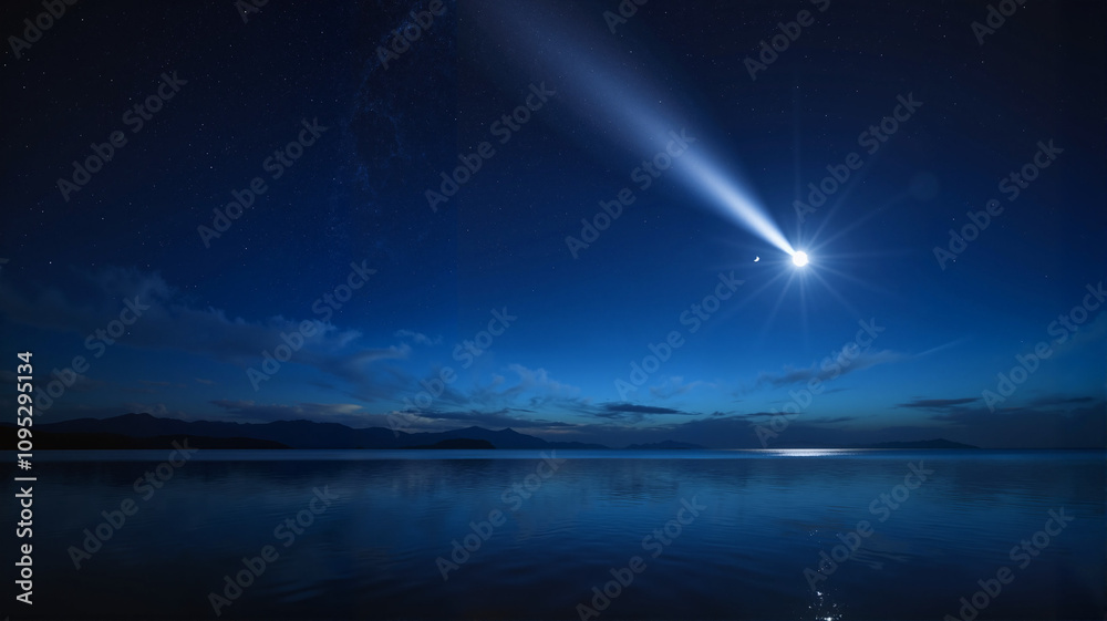 Star illuminating a calm lake under the night sky Star illuminating a calm lake under the night sky