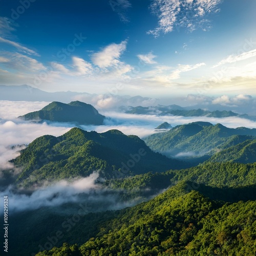 Green Field Beautiful Mount Sky and River Background AI Image