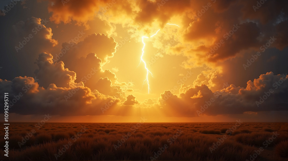 Radiant sun breaking through storm clouds over a vast field