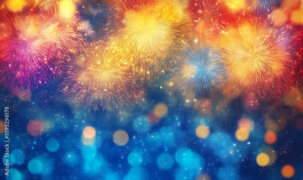 Fototapeta premium Vibrant Fireworks Display Against Dark Blue Sky 