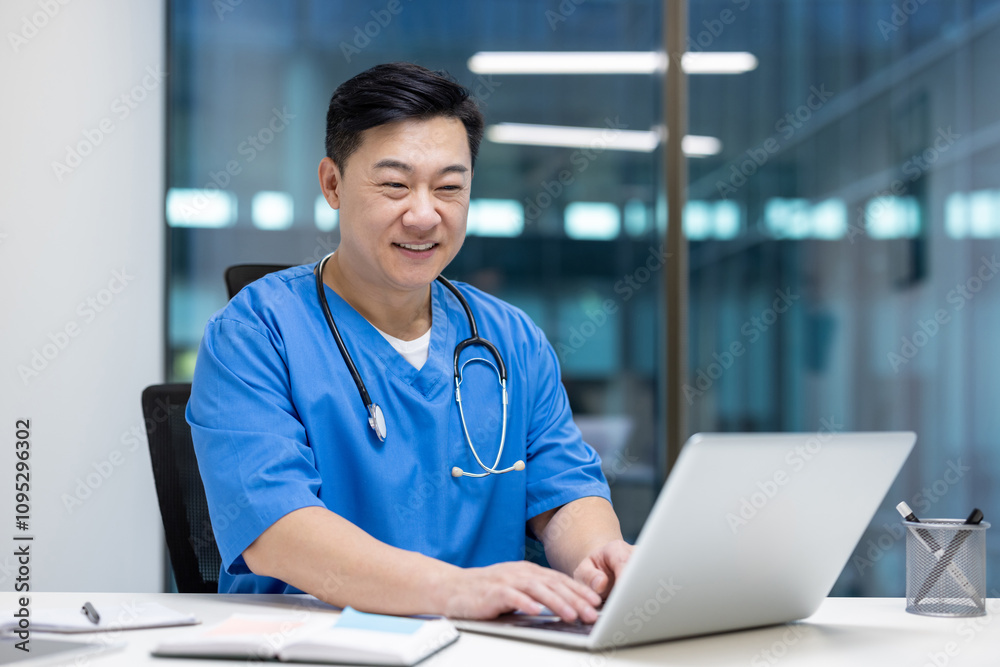 Asian man doctor engaged with laptop in modern office setting. Stethoscope around neck indicates healthcare professional focused on technology and duties. Highlights career commitment. Asian man doctor engaged with laptop in modern office setting. Stethoscope around neck indicates healthcare professional focused on technology and duties. Highlights career commitment.