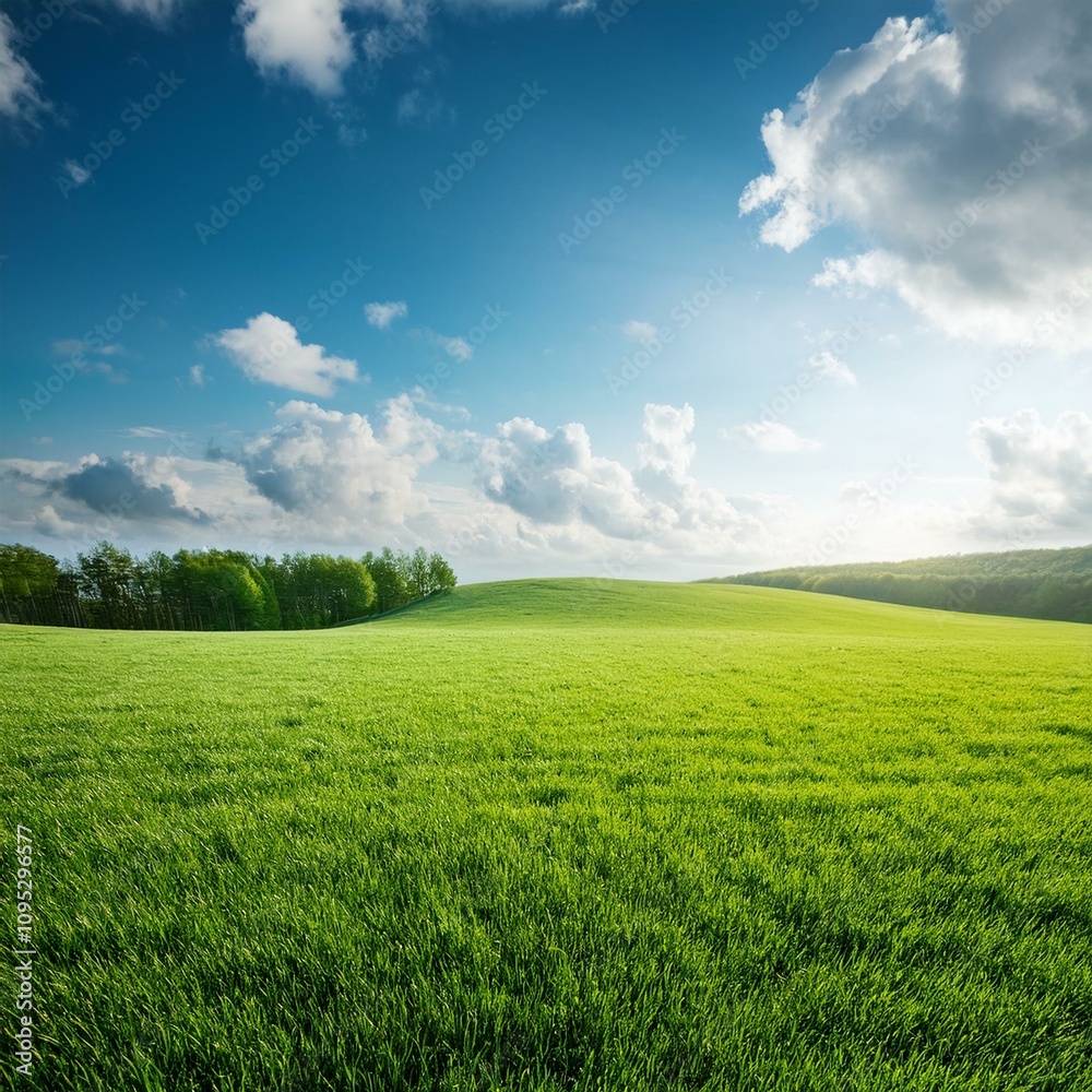 Naklejka premium Green Field Beautiful Mount Sky and River Background AI Image