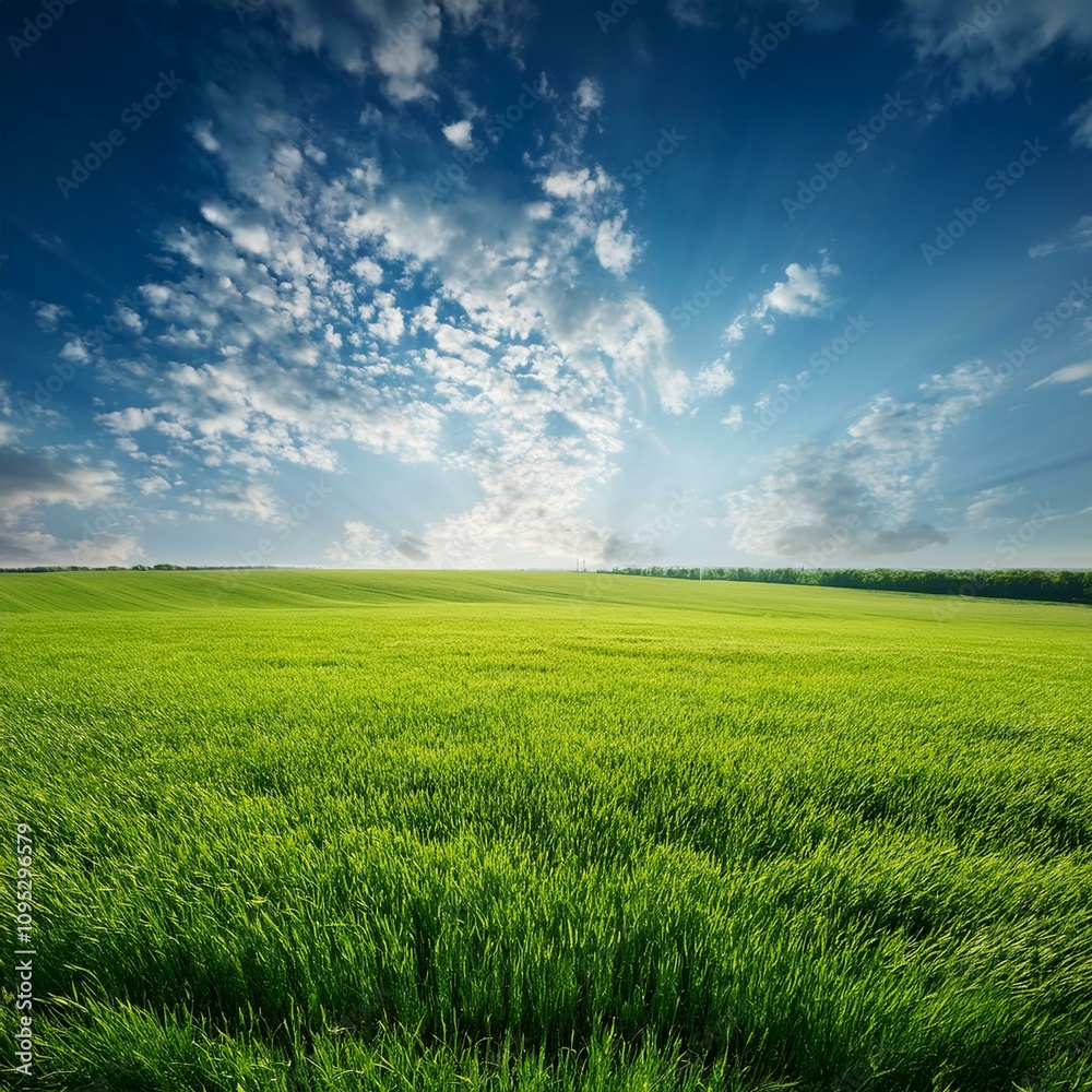 Fototapeta premium Green Field Beautiful Mount Sky and River Background AI Image