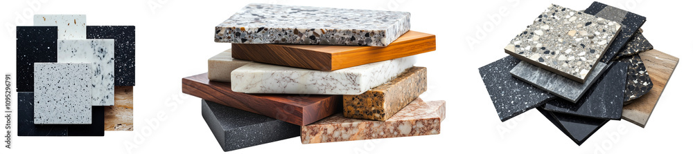 Fototapeta premium Material board with different marble and granite samples, isolated on a transparent background. 