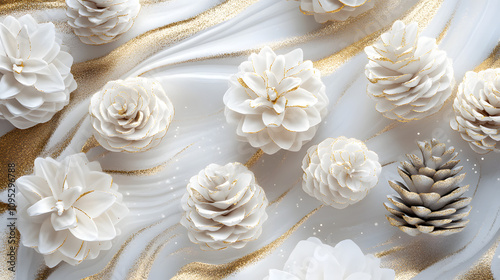 Elegant 3D Engraved Pinecones in a Luxurious White and Gold Design for Modern Decor Inspiration