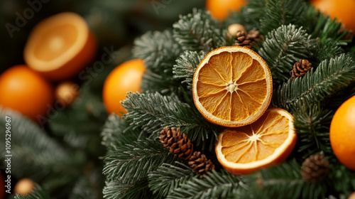 Dried orange slices and pine cones rest on green pine branches, creating a festive arrangement. Concept of holiday decoration. For Christmas-themed designs.