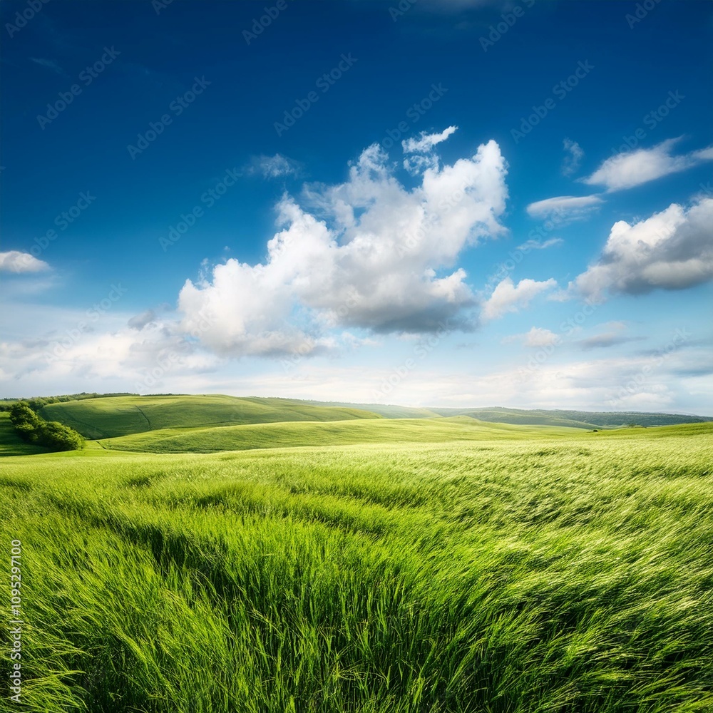 Obraz premium Green Field Beautiful Mount Sky and River Background AI Image