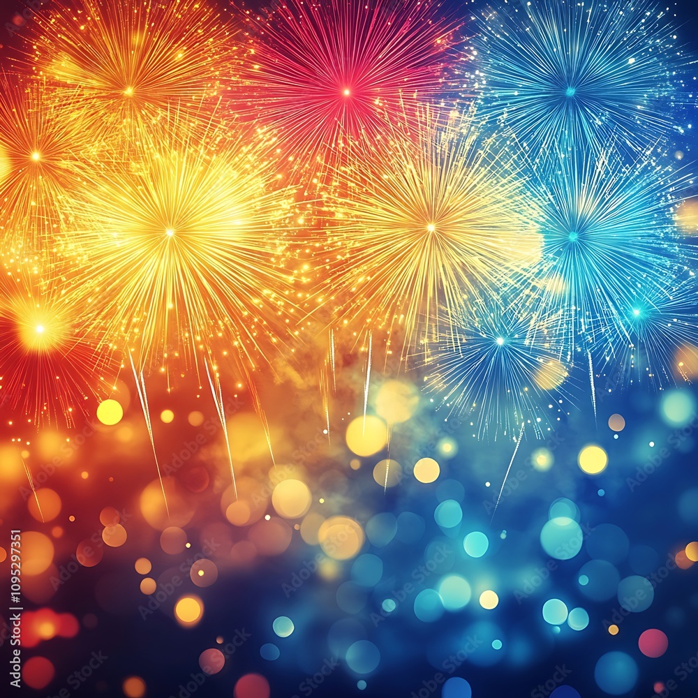 Obraz premium Vibrant Fireworks Display Against Dark Blue Sky 